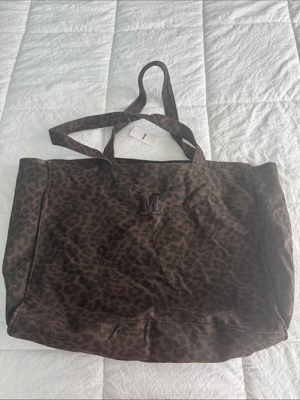 Brown Leopard Print Tote Bag with 'M' Accent